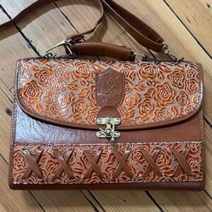 Dina Jordan 1970s Floral Embossed Brown Leather Shoulder Bag
